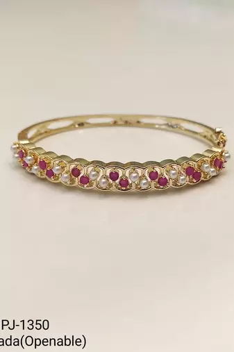  Gold-toned ruby and pearl kada bangle for women openable free size 
