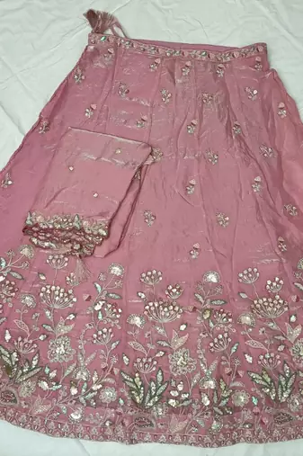 Pink Satin Heavy Embroidery Sequence work Lehenga Choli with Dupatta