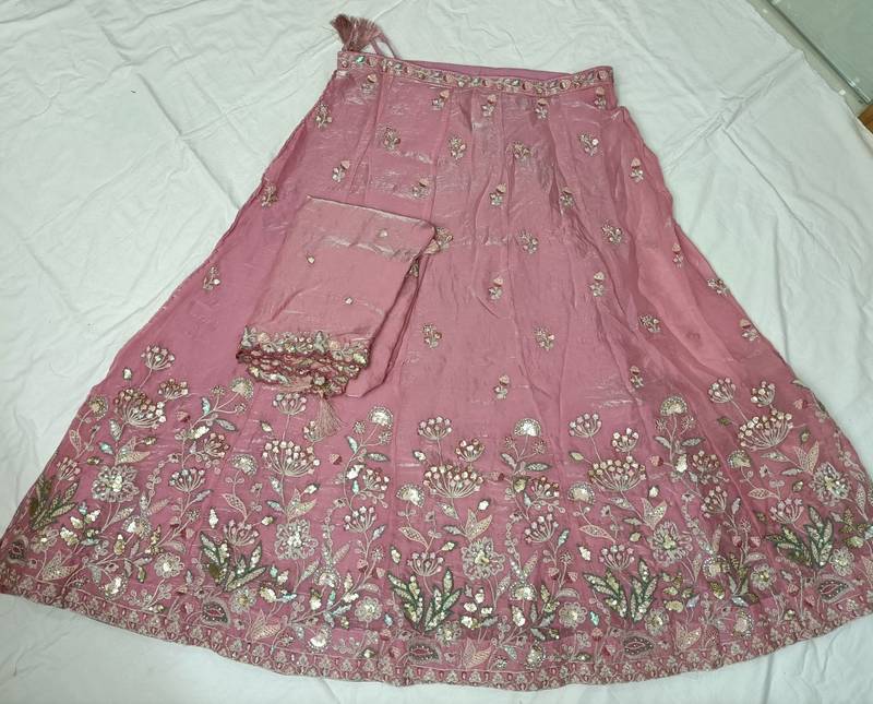 Pink Satin Heavy Embroidery Sequence work Lehenga Choli with Dupatta