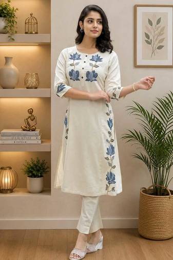 Wine lady premium khadi cotton fabric embroidery work kurta with pant