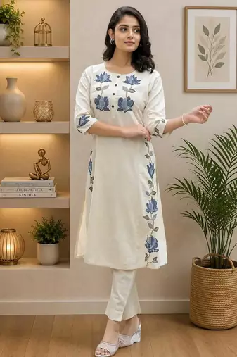 Wine lady premium khadi cotton fabric embroidery work kurta with pant