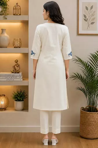 Wine lady premium khadi cotton fabric embroidery work kurta with pant