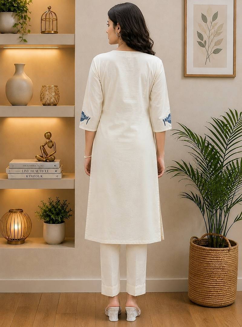 Wine lady premium khadi cotton fabric embroidery work kurta with pant
