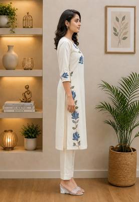 Wine lady premium khadi cotton fabric embroidery work kurta with pant 3