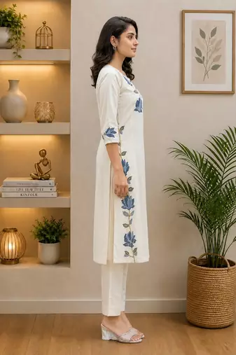 Wine lady premium khadi cotton fabric embroidery work kurta with pant