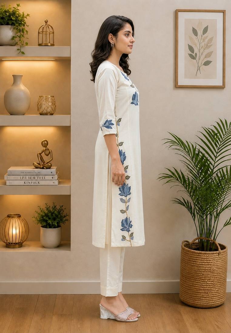 Wine lady premium khadi cotton fabric embroidery work kurta with pant
