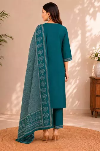 Turquoise blue cotton kurta pant & dupatta set for women