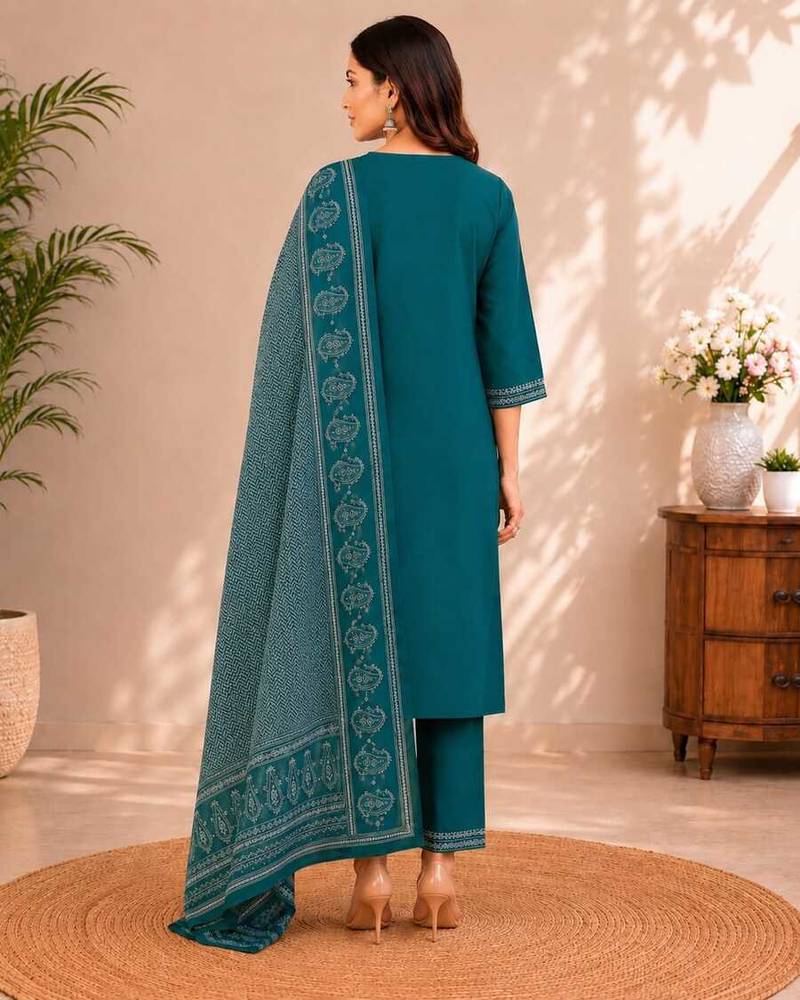 Turquoise blue cotton kurta pant & dupatta set for women