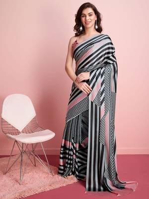 Grey printed satin fashion saree with blouse piece 1