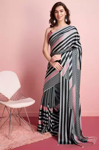 Grey printed satin fashion saree with blouse piece