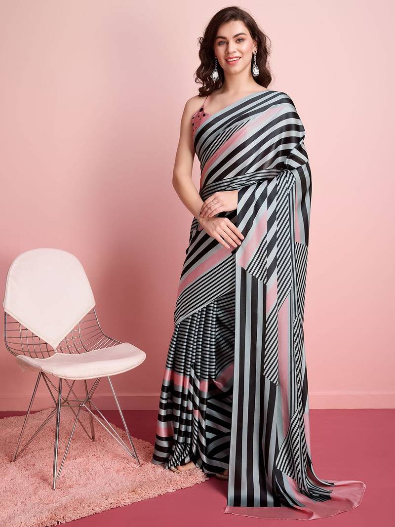 Grey printed satin fashion saree with blouse piece