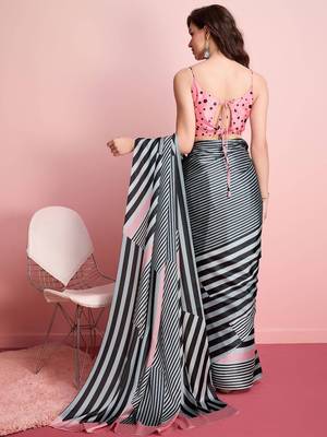 Grey printed satin fashion saree with blouse piece 2