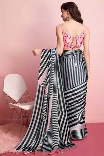 Grey printed satin fashion saree with blouse piece