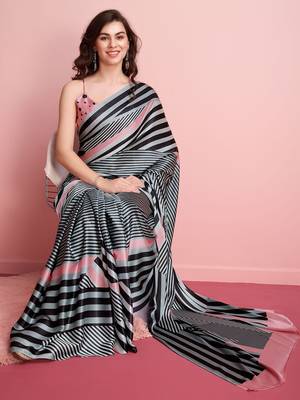 Grey printed satin fashion saree with blouse piece 3
