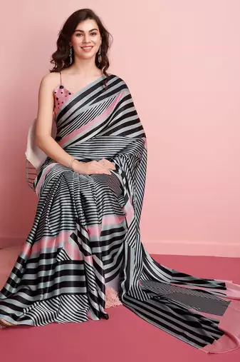 Grey printed satin fashion saree with blouse piece