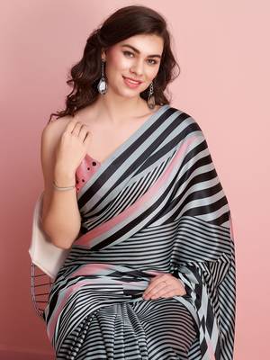 Grey printed satin fashion saree with blouse piece 4