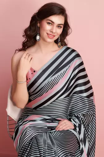 Grey printed satin fashion saree with blouse piece