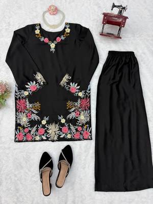 Black reyon satin thread work plazzo suit 5