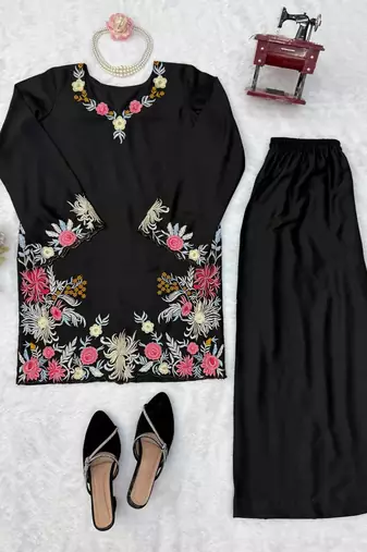 Black reyon satin thread work plazzo suit
