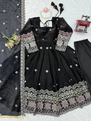Black fendy silk thread with sequence anarkali suit 5