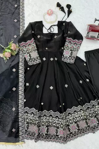 Black fendy silk thread with sequence anarkali suit