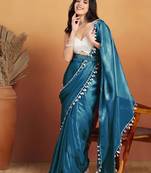 Teal plain satin designer saree with blouse piece