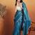 Teal plain satin designer saree with blouse piece