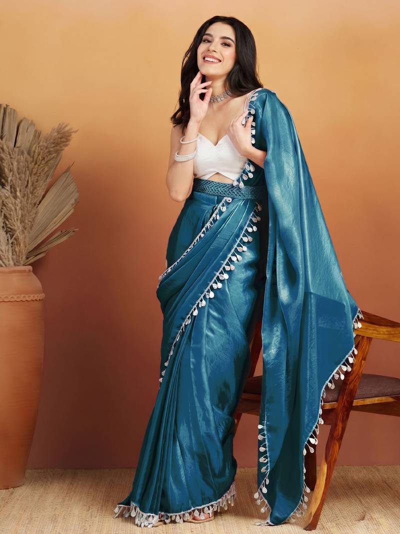 Teal plain satin designer saree with blouse piece