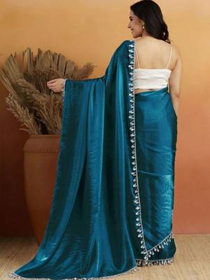 Teal plain satin designer saree with blouse piece 2
