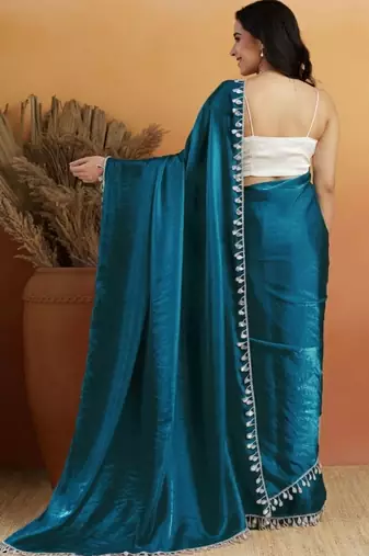 Teal plain satin designer saree with blouse piece