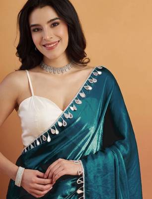 Teal plain satin designer saree with blouse piece 3