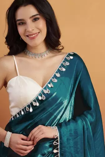 Teal plain satin designer saree with blouse piece