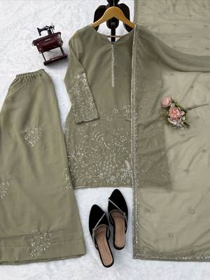 Olive green georgette thread with sequence plazzo suit 5