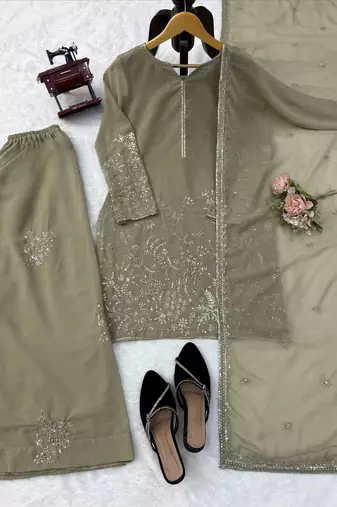 Olive green georgette thread with sequence plazzo suit