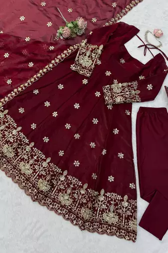 Maroon fendy silk thread with sequence anarkali suit