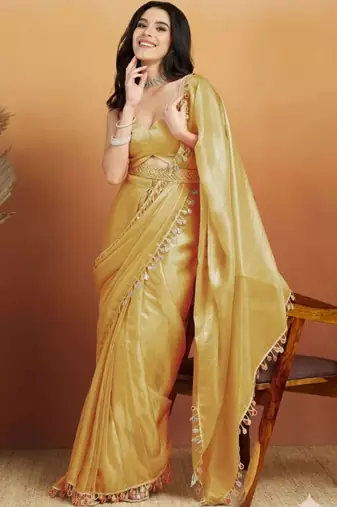 Yellow plain tissue festive wear saree with blouse piece