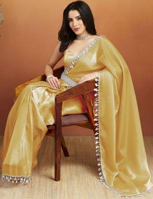 Yellow plain tissue festive wear saree with blouse piece 2