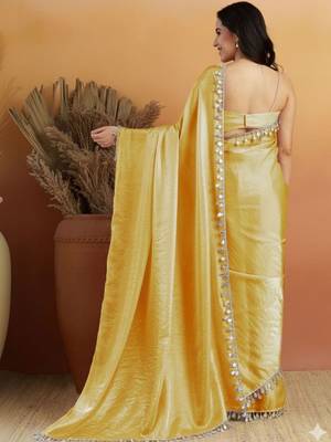 Yellow plain tissue festive wear saree with blouse piece 3
