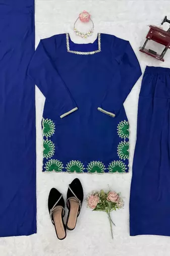 Blue american silk thread with sequence farshi plazzo suit