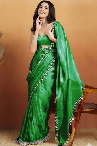 Green plain tissue festive wear saree with blouse piece