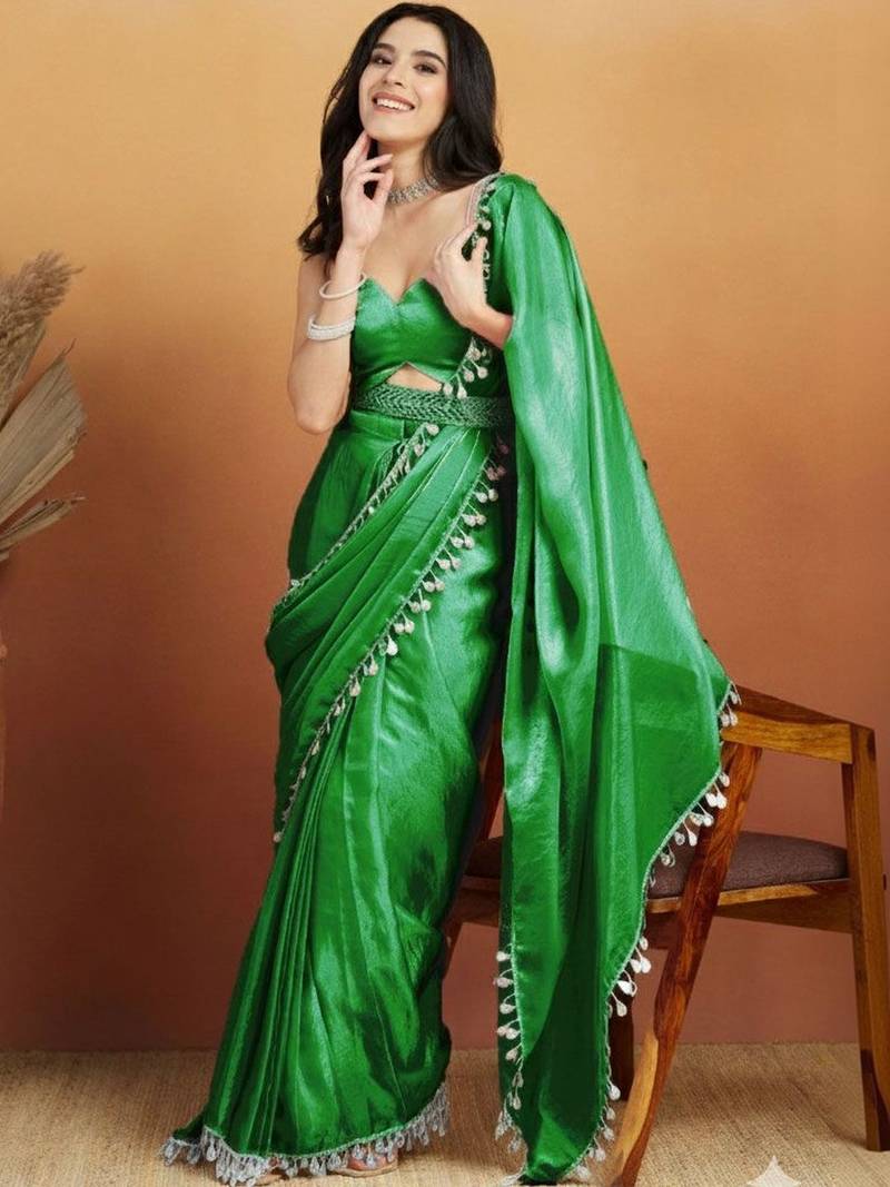 Green plain tissue festive wear saree with blouse piece