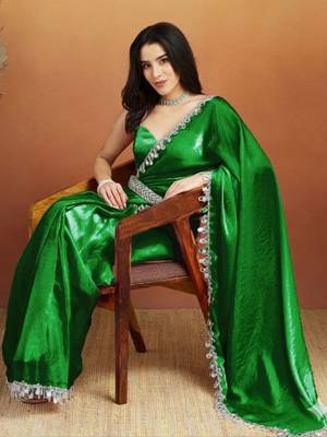 Green plain tissue festive wear saree with blouse piece 2