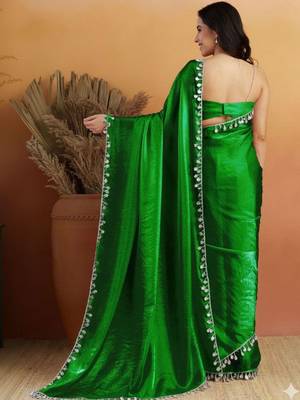 Green plain tissue festive wear saree with blouse piece 3