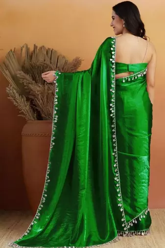 Green plain tissue festive wear saree with blouse piece