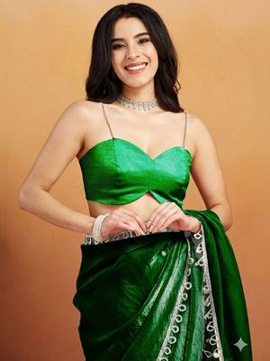 Green plain tissue festive wear saree with blouse piece 4