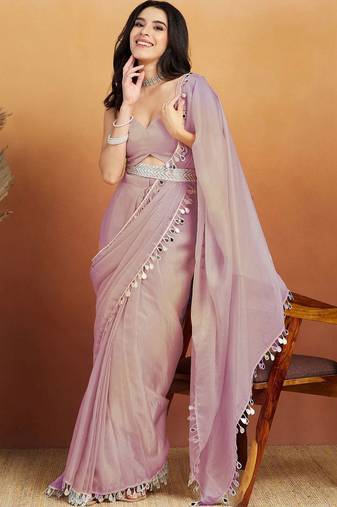 Lavender plain tissue festive wear saree with blouse piece