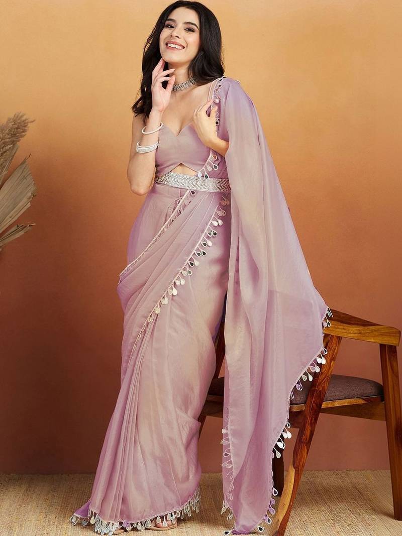 Lavender plain tissue festive wear saree with blouse piece