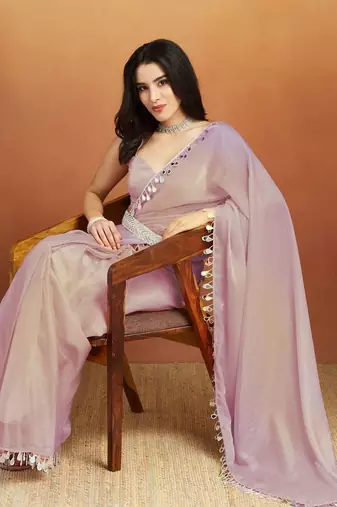 Lavender plain tissue festive wear saree with blouse piece