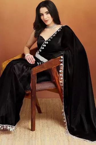 Black plain tissue festive wear saree with blouse piece