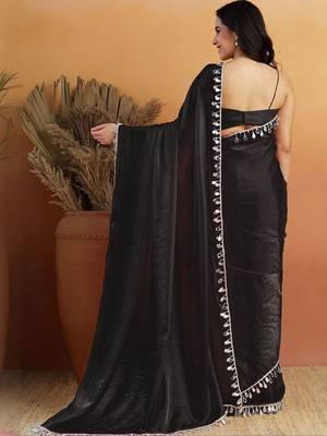 Black plain tissue festive wear saree with blouse piece 3